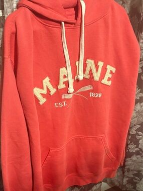 Men's Crewneck Hoodie in Coral Red with 'MAINE' Embroidery